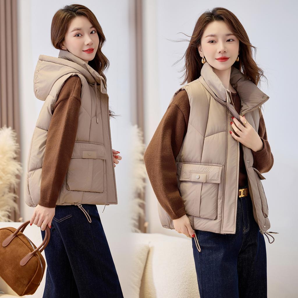 New fall and winter women's lightweight sleeveless undershirt hooded solid color thickened warm sports and leisure loose lightweight jacket