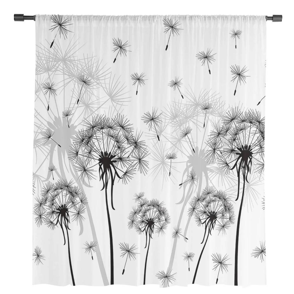 Black And White Dandelion Plant Sheer Curtains for Living Room Decoration Window Curtain Kitchen Tulle Voile Organza Drapes
