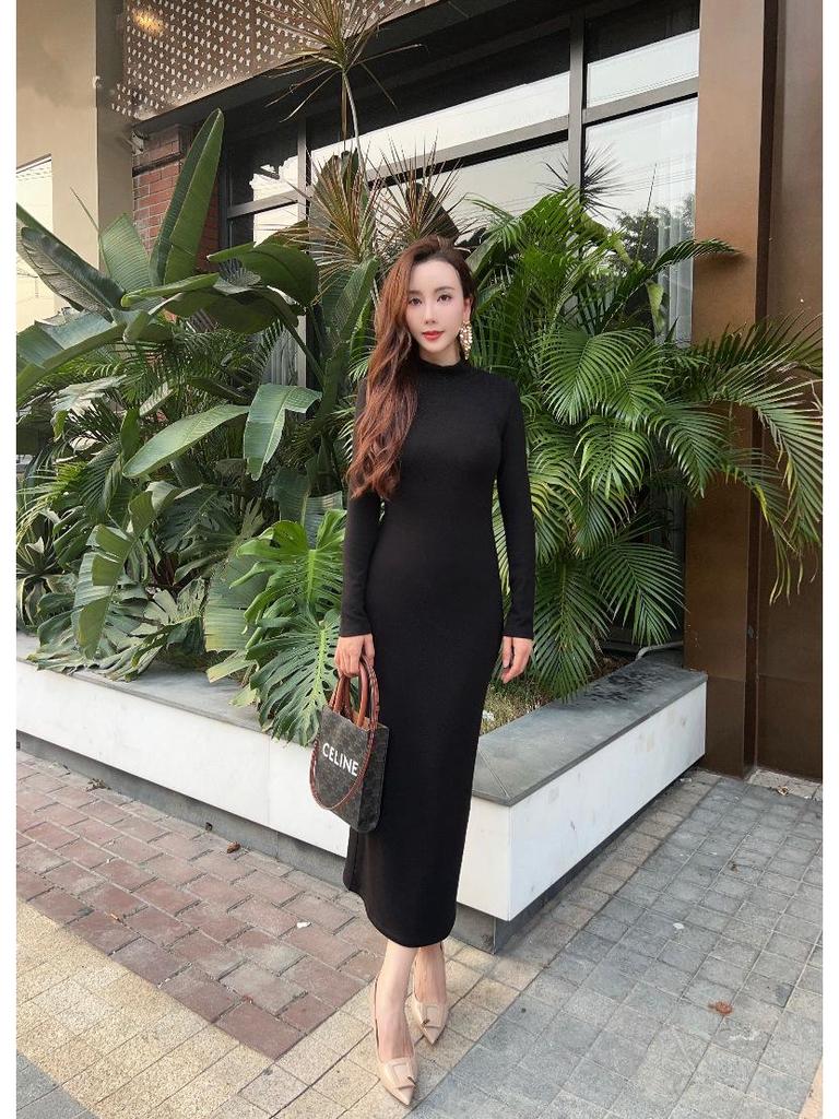 Elegant High-End Autumn Winter Dress: Warm, Semi-High Collar, Slimming Socialite Style
