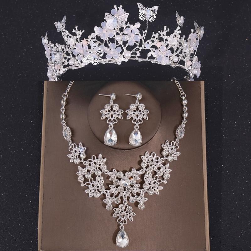 Luxus Kristall Krone Halskette Ohrring Set Strass Schmetterling Braut Schmuckset Braut Hochzeit Haarschmuck Schmuck Krone