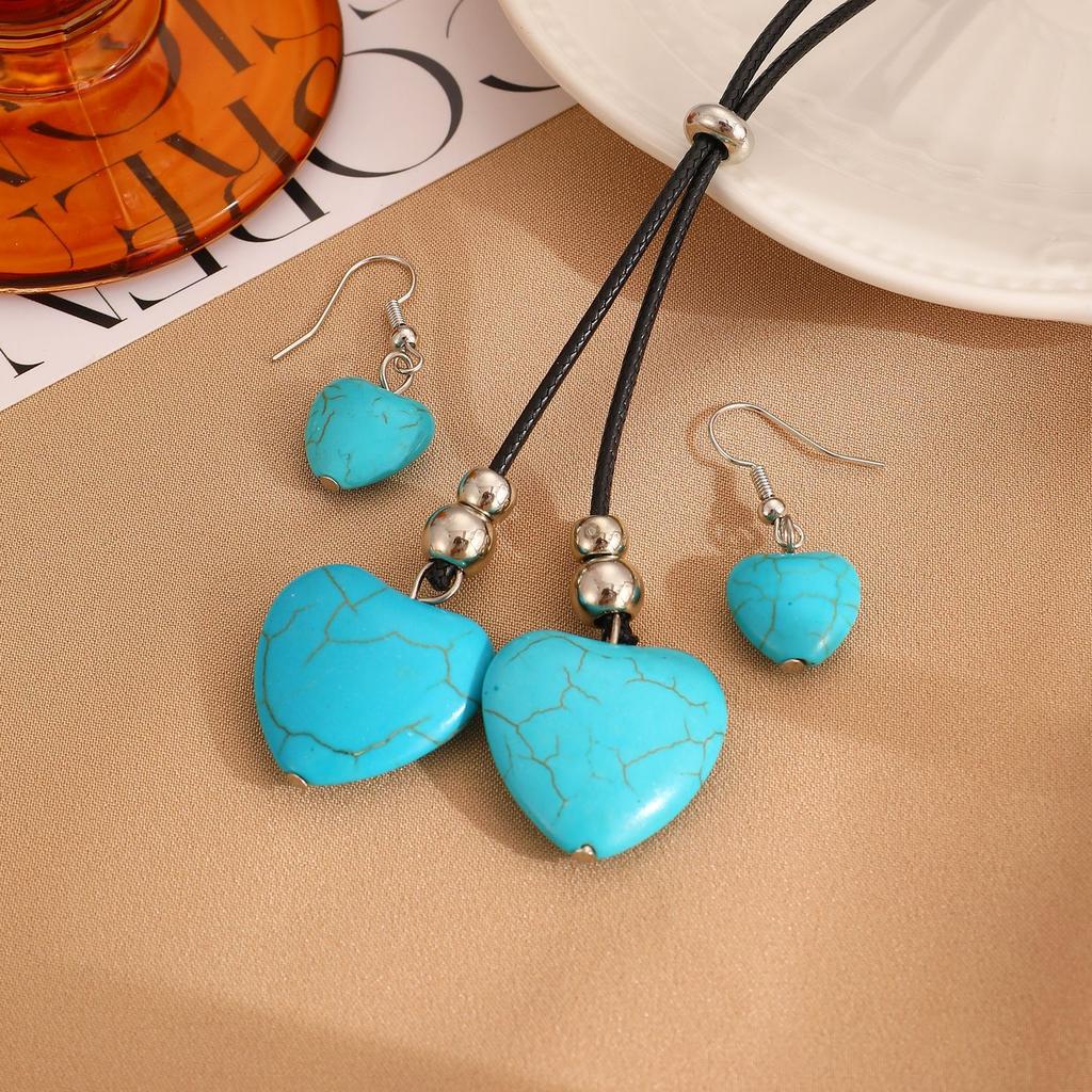 High quality simple ethnic style geometric adjustable necklace stud earrings set, fashionable fringed pendant turquoise accessories