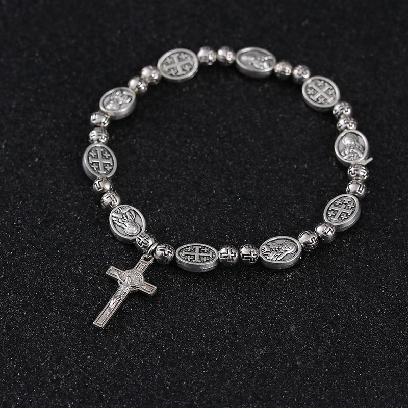Handmade Rosary Bracelet Elasticated Metal Bracelet  Round Rose Alloy Beads Catholic Saints Images Prayer Bracelets