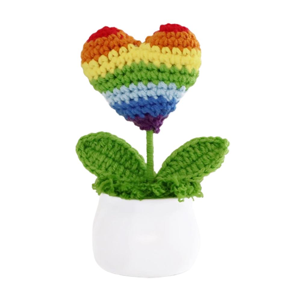 Gay Pride Handmade Knitted Flower Pot Red Heart Shaped Knit Imitation Potted Plant For Mother‘s Day Girls Gifts Home Desktop