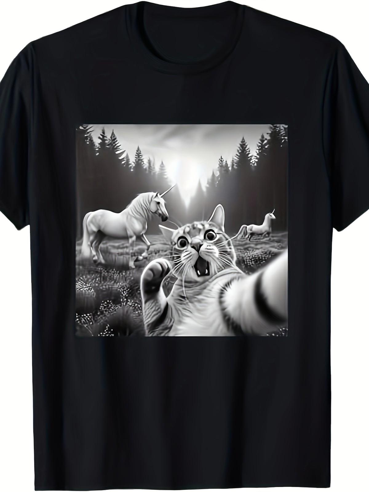 

Funny Surprised And Scared Cat Selfie With Unicorns T-Shirt-220g100% Cotton 5XL різнокольоровий