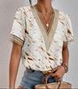 Camicia casual da donna con coulisse e scollo a V, camicia a maniche corte con finiture in pizzo