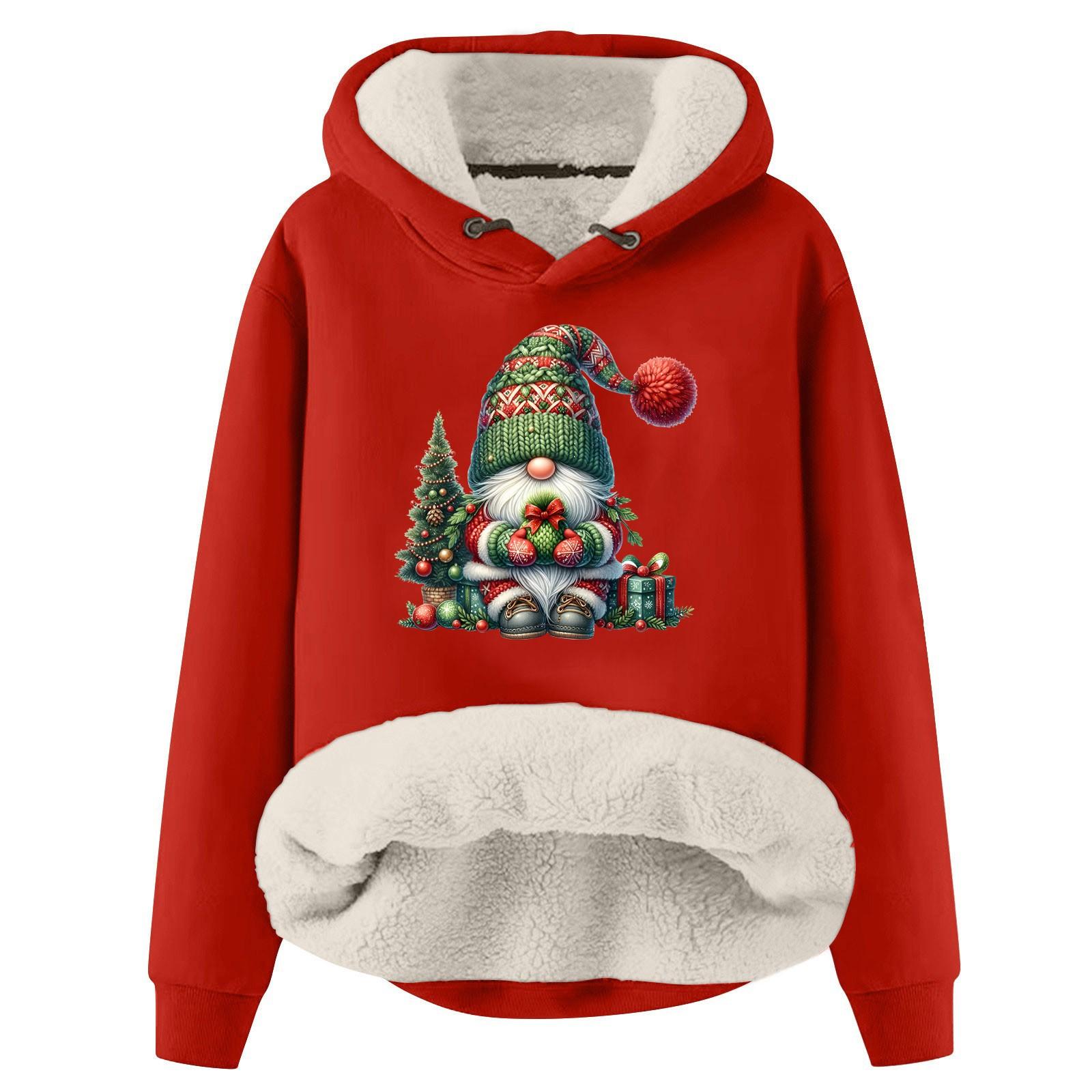 

Женская модная утепленная толстовка с капюшоном и рождественским принтом M красный