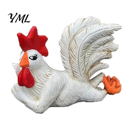 Handcrafted Resin Crafts White Rooster Statue with Enchanting Posture & Long Eyelashes, Creative Table Art Sculpture, Funny Office Desk Decor
