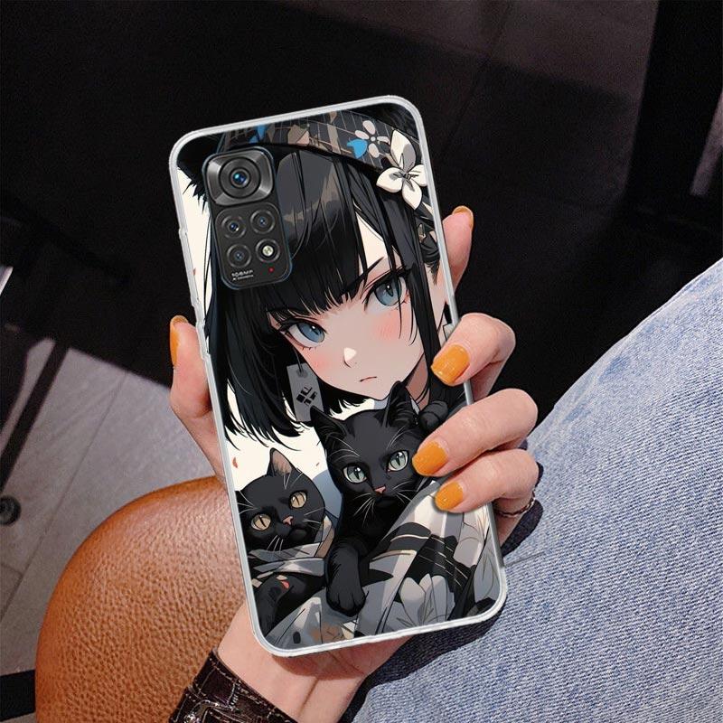Anime Mädchen Süße Schwarze Katze Handyhülle Für Xiaomi Redmi Note 15 14 13 12S 12 11 Pro Plus 14S 11S 11E 10 10S 11T 5G Personalisiert C