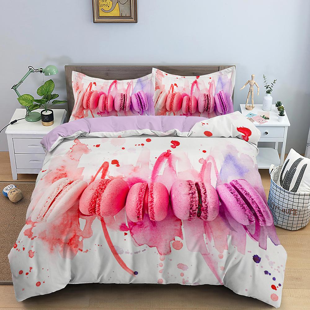 French Macaron Chocolate Print Bedding Set Colorful Duvet Cover 3D Print Comforter Cover Dessert Food Girls Bed Linen 3pcs Queen