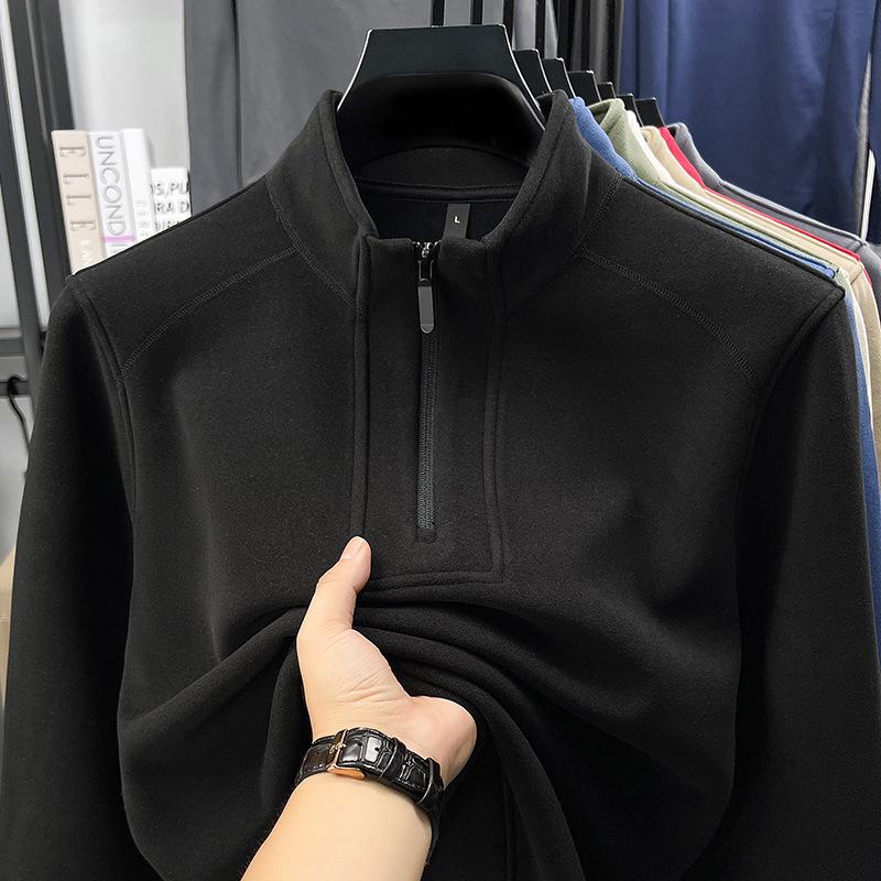 2025 Autumn/Winter Men's Solid Color Half-Zip Windproof Stand Collar Fleece Hoodie