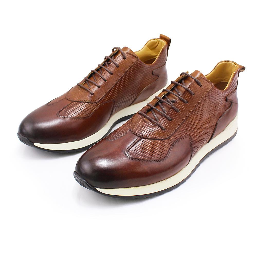 Casual Leather Shoes Men'S Cowhide Lace-Up Fashion Pointed Breathable Shoes Thick-Soled Embossed Trendy Shoes Men