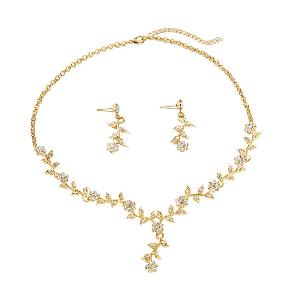 Popular Leaf and Flower Rhinestone Two-Piece Set Elegant dress paired with diamond-studded necklace and earrings for women