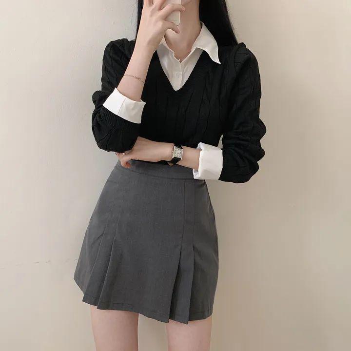 Svetr pletený patchworkovým stylem v korejském stylu s košilovým límcem - Dámský zeštíhlující podzimní pulovr