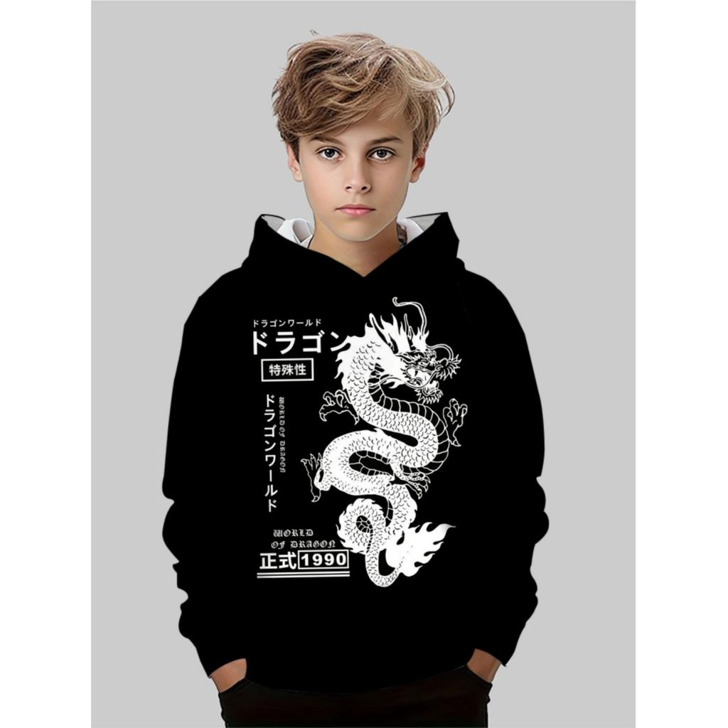 Boy Japanese Anime Dragon print Flower Hoodie -3D White Dragon with Japanese Design, Soft Polyester Hoodie Suitable for Indoor/Outdoor Activities