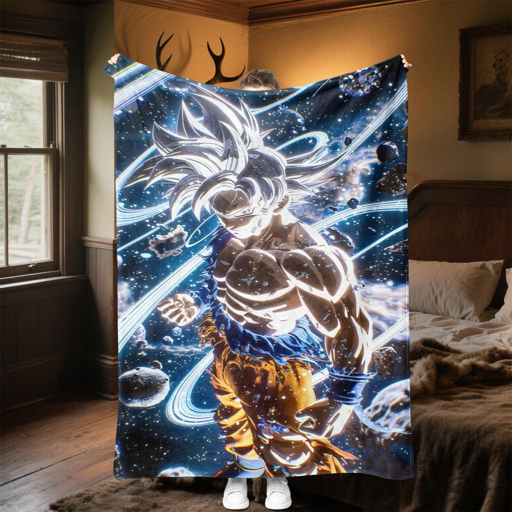 1pz Coperta in Flanella con Stampa Son Goku, Alta Qualità per Tutte le Stagioni, Decorazione per la Casa, Calore e Comfort, Perfetta per Regali di Natale