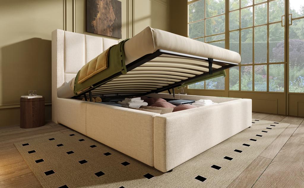 Upholstered Bed 90x200 cm Single with Hidden Cup Holder & Charging Station, Hydraulic with Storage Under the Bed, Linen Beige (Without Mattress)