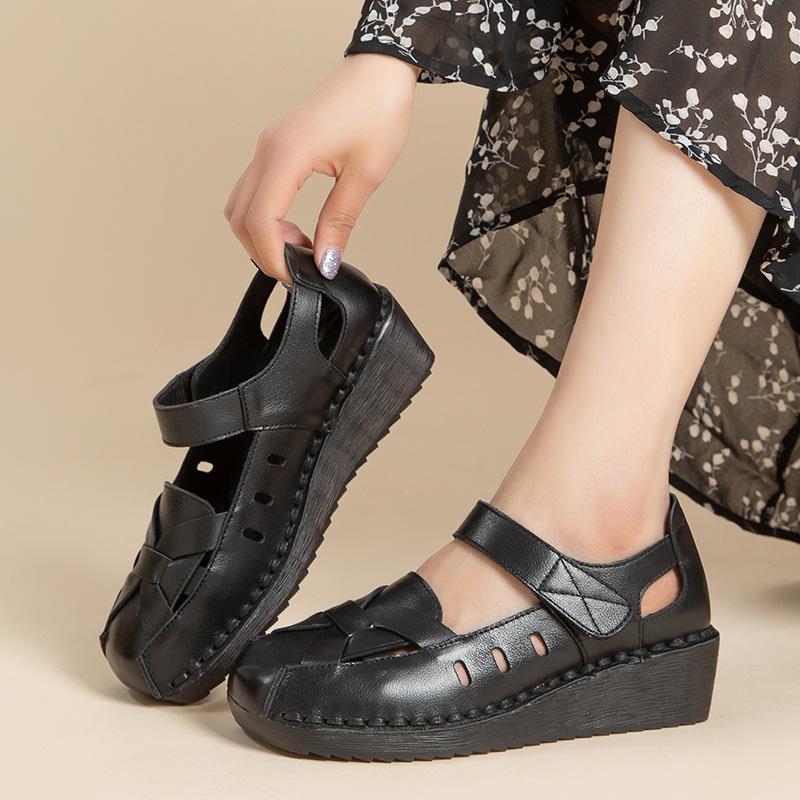 

Босоножки Johnature Retro Wedges из натуральной кожи с дышащей неглубокой мягкой подошвой для женщин 41 чёрный