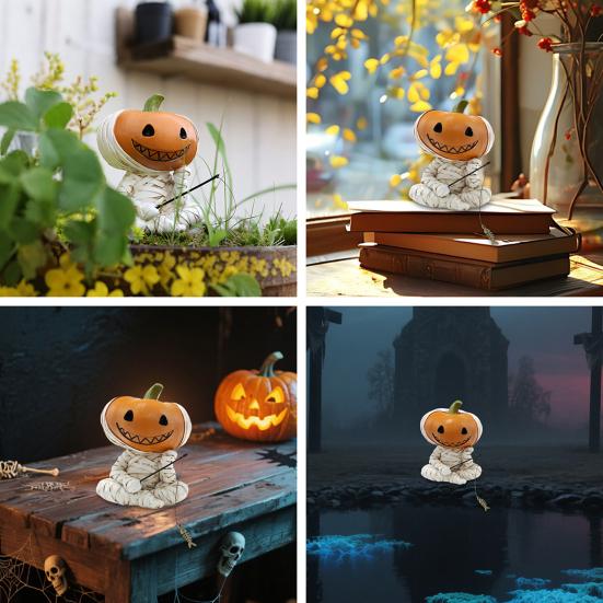 Fishing Pumpkin Man Figurine Resin Pumpkin Head Bandage Man Sculpture Angler Pumpkin