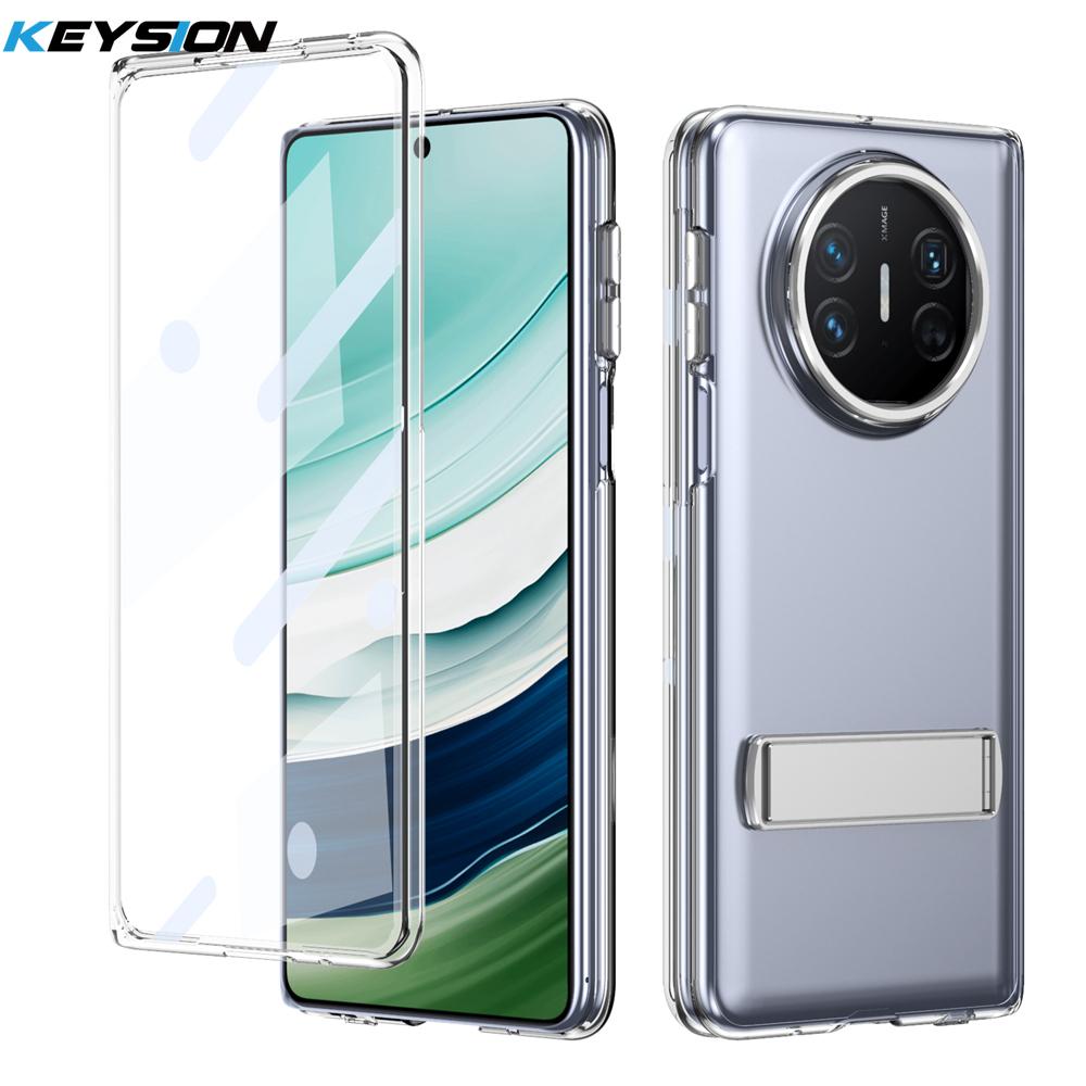 

KEYSION Прозрачный чехол для Huawei Mate X6 X5 X3 Жесткий ПК Металлическая подставка Противоударная крышка для телефона со стеклянной защитной пленкой для экрана for Huawei Mate X6 серебряный