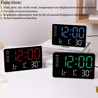 USB-betriebene digitale Wanduhr Elektronischer LED-Wecker Timer Helligkeitseinstellung TEMP-Anzeige 2 Alarme 12/24H Tischuhr