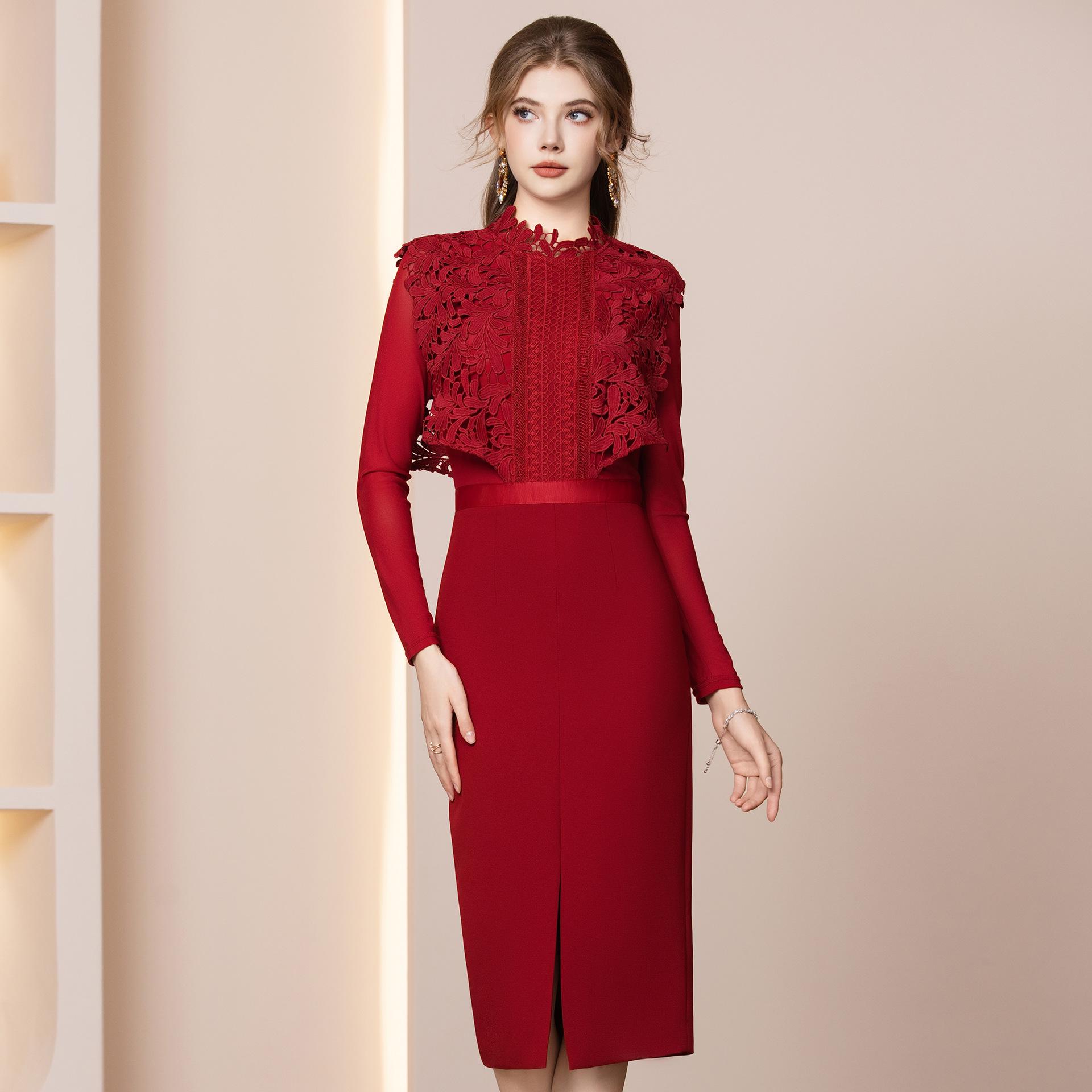 Zhi Li Spring 2026 Red Lace Patchwork Dress - Formal, Hip-Hugging Skirt 2XL красный