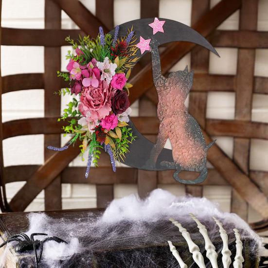 Halloween Moon Cat Wreath for Front Door Crescent Moon Wreath Sign with Artificial Rose Flowers for Gothic Home Decoration