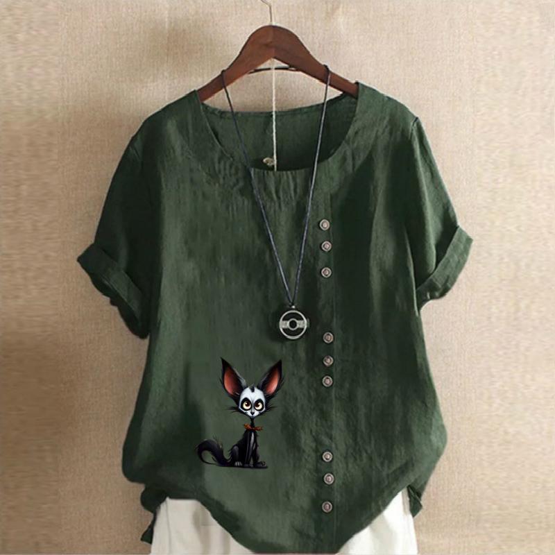 Women's Fashion Cute Fox Prined Short Sleeve T-shirt Loose Cotton Shirt Casual Loose Summer Blouse Tops Plus Size