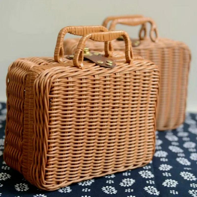 Portable PP Rattan Baskets Picnic Storage Basket Retro Wicker Suitcase Woven Hand Gift Box Sundries Cosmetic Organizer Boxs