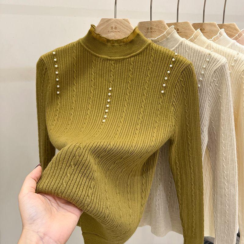 Lace High-neck Sweater Women's Autumn and Winter Twisted Pearl Slimming Pullover Top Sweater Knitted Sweater Long Sleeve