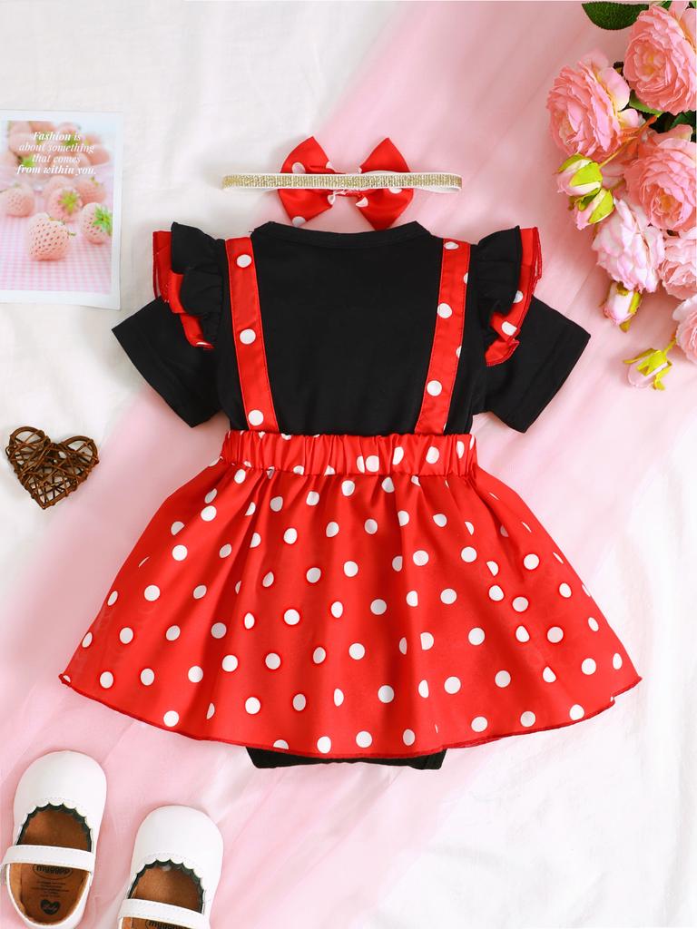 Summer 0-1 Years Old Infant Baby Girls Short-sleeved Dot Print Dress Casual 2-Piece Set With Hairband