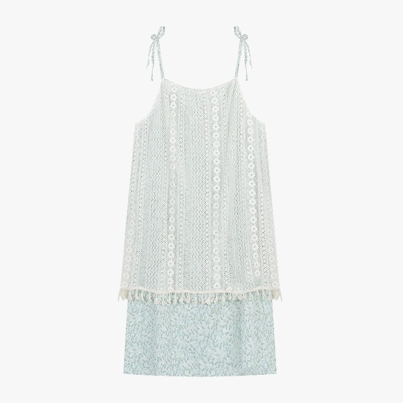 

Seaside Vacation Style Summer Stylish Patchwork Suspender Skirt Green One size