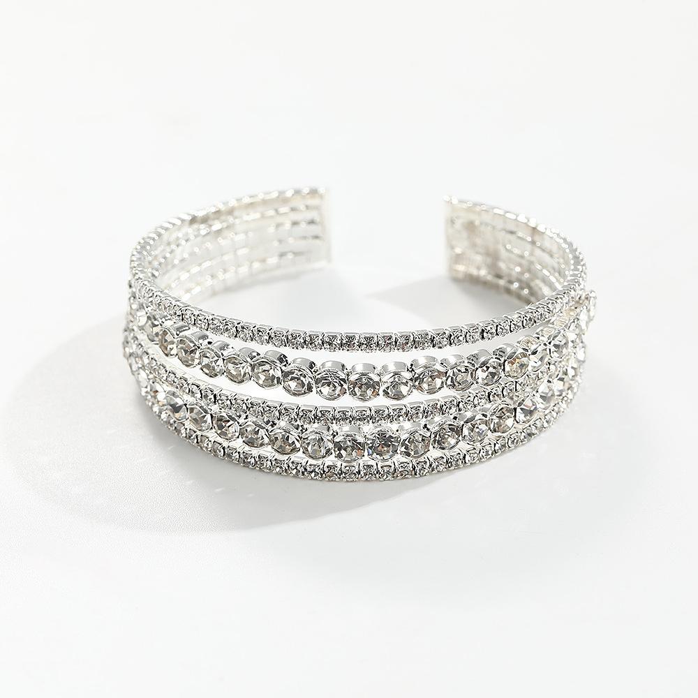 Multi - Layer Open Bangle Bracelet Full Rhinestone Stacked Cuff Jewelry for Women Silver Fashion