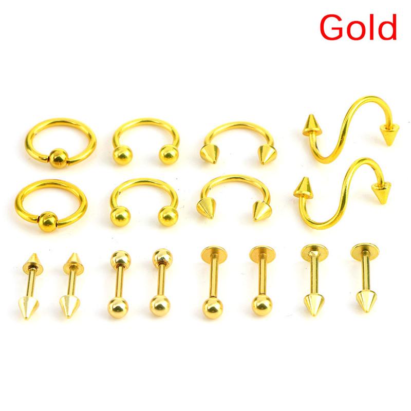 16 Pcs/Set Stainless Steel Spiral Belly Tongue Bar Ring Eyebrow Piercing Jewelry