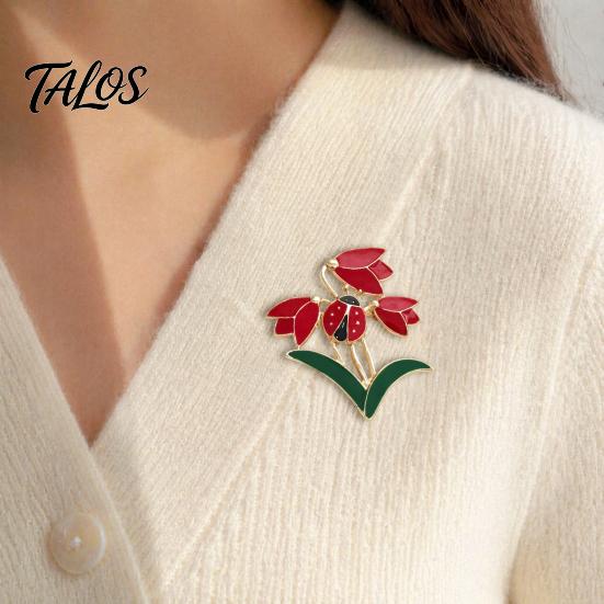 Long-lasting Flower Brooch Enamel Tulip Ladybug for Women, Oil-Dripping Ladybird Oxidation Resistant Lapel Pin, Sweater Cardigan Coat Suit Scarf