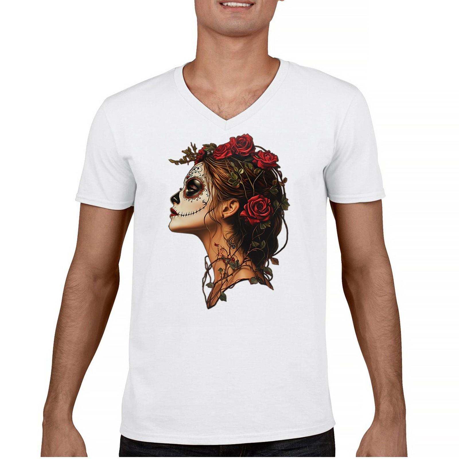 

Sugar Skull Profile V-Neck T-shirt Dia de Los Muertos Skeleton Face Floral Tee 5XL різнокольоровий