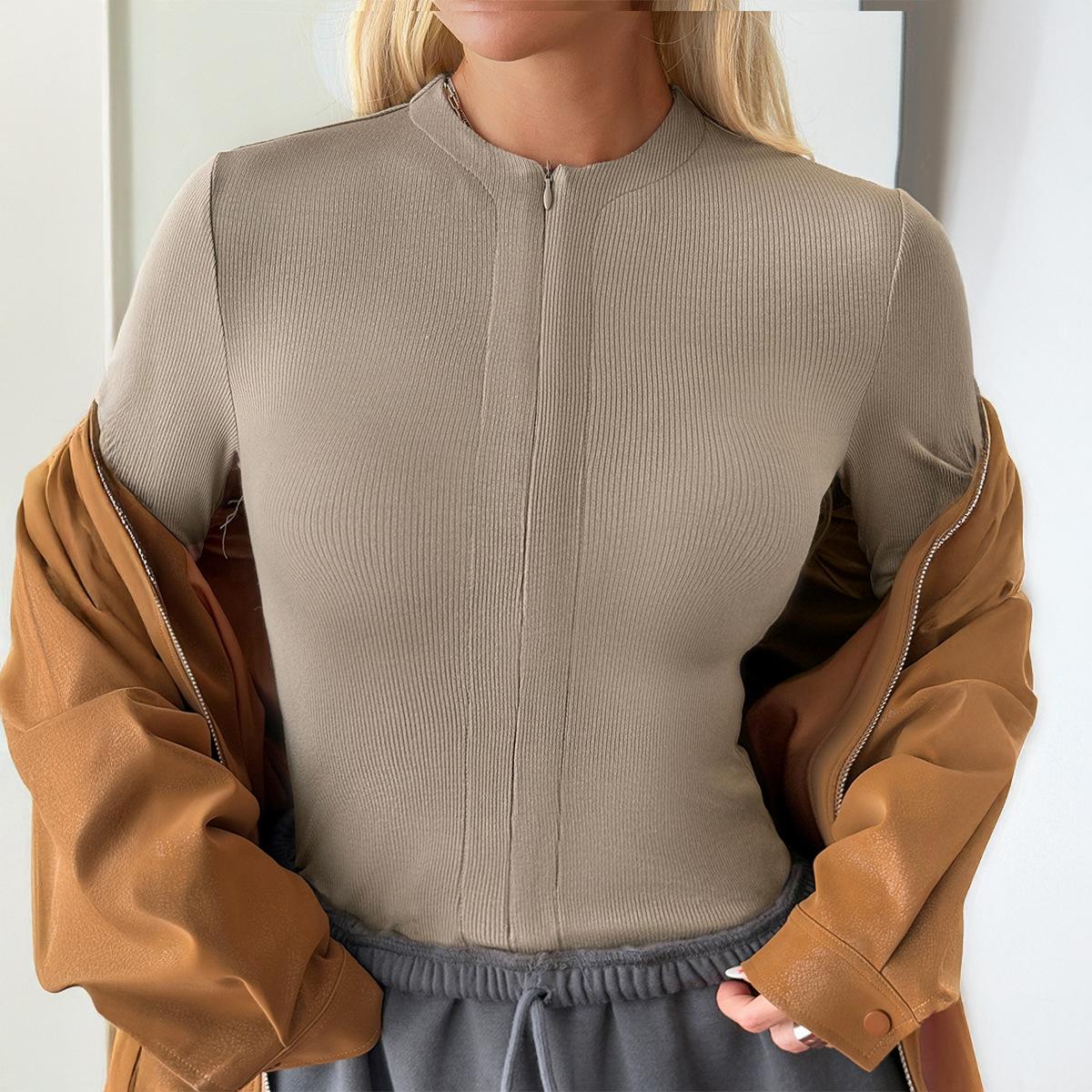 

Sports Yoga Slim Zipper Long Sleeve T-Shirt Women s 2025 Autumn Winter S хаки