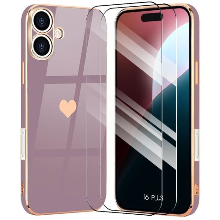 Coque de protection - BOOLING - pour iPhone 16 Plus - Violet Antichoc - Motif Cœur - 2 Verres Trempés Inclus