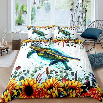 Meeresschildkröte Königin Full Bettbezug Sonnenblumen Bettwäscheset Batik Bettdeckenbezug Floral Ozean Reptil Polyester Quiltbezug