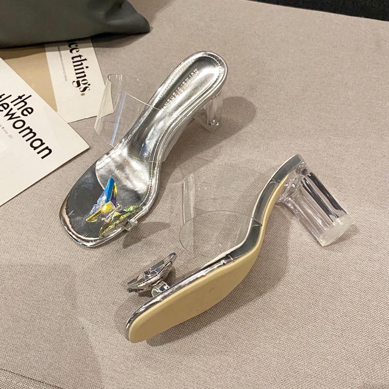 

Butterfly rhinestone square head medium heel slippers thick heel cover toe sandals women s shoes wear sandals outside 39 серебряный