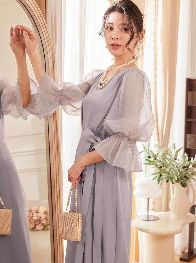 Hanmall Gray Puff Formal Long Suitable for Women In Their and Graduation LON718 Dress, Wedding, Business, Chiffon, Sleeve, Dress, Sleeve, A-Line, 20s,
