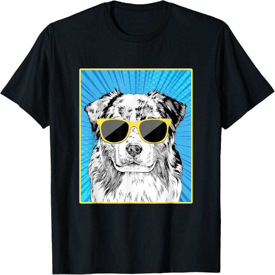Australian Shepherd Portrait Pop Art Aussie Dog Sunglasses T-Shirt for Men Women Kids XXXXXL чёрный