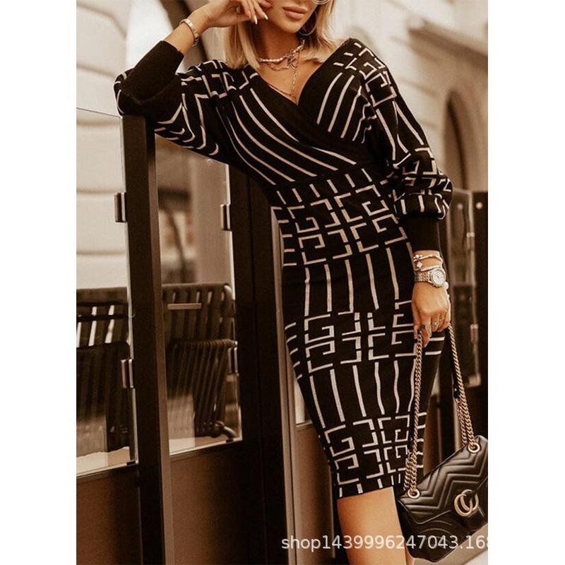 Womens Deep V Neck Dresses Retro Dresses Print Long Sleeve Bodycon Dress Plus Size