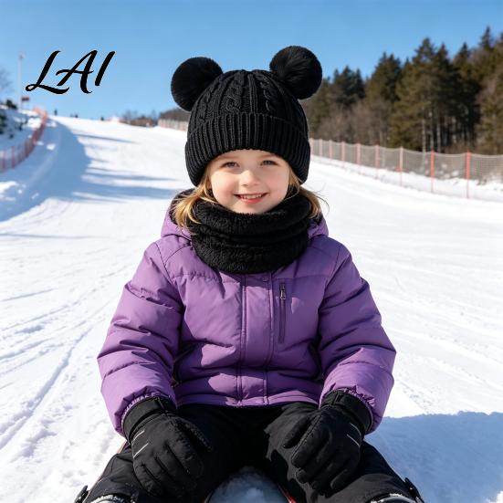 Five Finger Winter Gloves for Toddlers Kids Warm Knit Set Bear Ear Hat Fleece Lined Neck Gaiter & Weather Resistant Thermal Set Full Gloves,