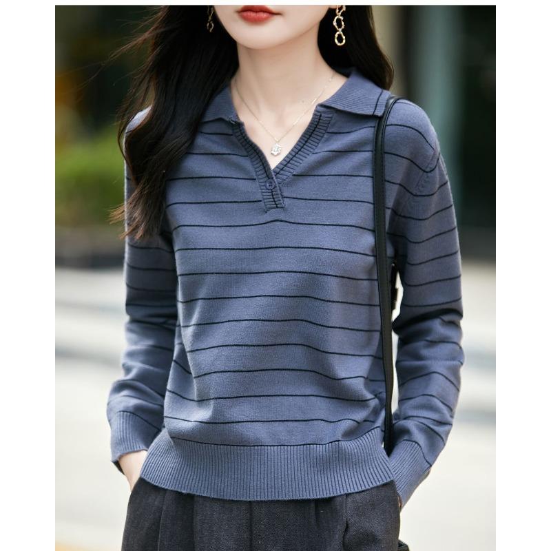 French Style Striped POLO Collar Long-sleeved Sweater for Women Lapel Sweater 2025 New Style Top