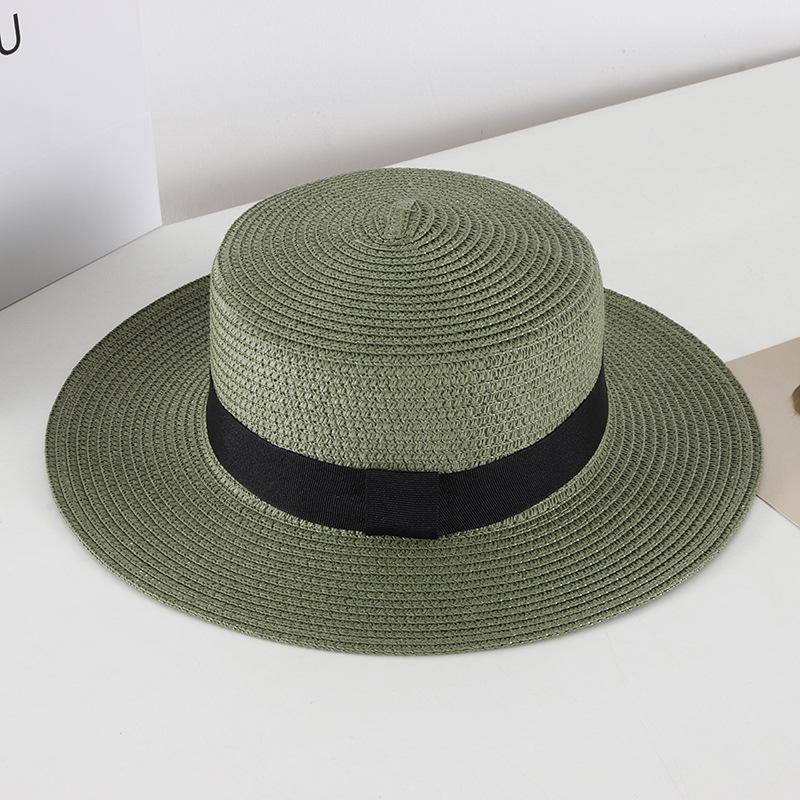 

Summer Unisex Flat Top Sun Hats For Women And Men Solid Color Wide Brim Black Ribbon Beach Straw Hat Foldable Holiday Cool Caps армія зелений колір