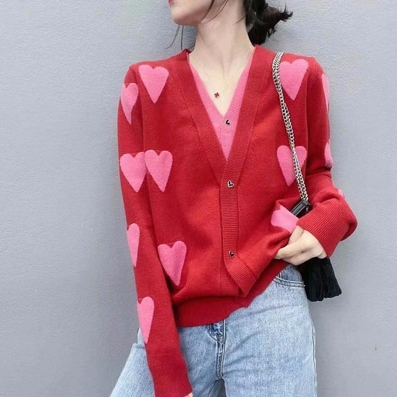 

Европейские кардиганы, свитер с v-образным вырезом, любимые цветы, длинные рукава, свободная тонкая женская осенне-зимняя новая женская одежда C One Size красный