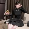 Sweet Spice Girl Semi-turtleneck Black Fluffy Dress Women's Spring and Autumn Design Sense Niche Waist Skinny A-Word Dress Short Skirt