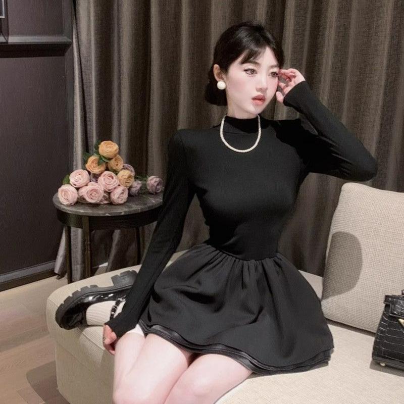 Sweet Spice Girl Semi-turtleneck Black Fluffy Dress Women's Spring and Autumn Design Sense Niche Waist Skinny A-Word Dress Short Skirt