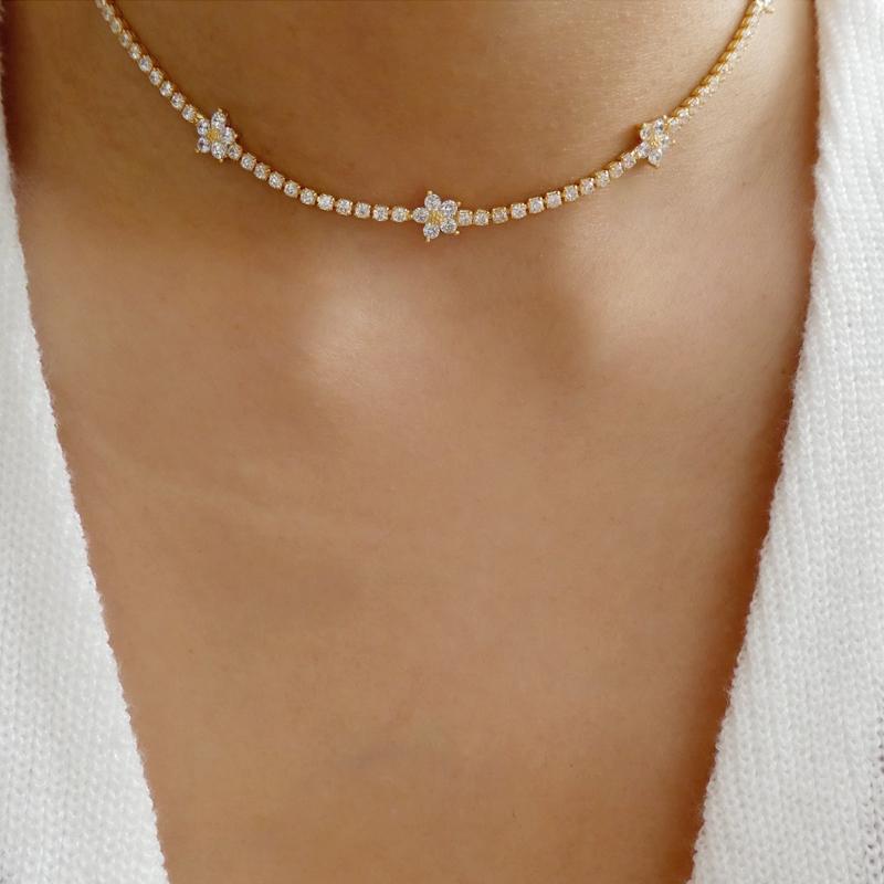 Iced Out Bling Rainbow Colorful Cubic Zirconia CZ Tennis Chain Women Charm Flower Choker Necklace Jewelry collares para mujer