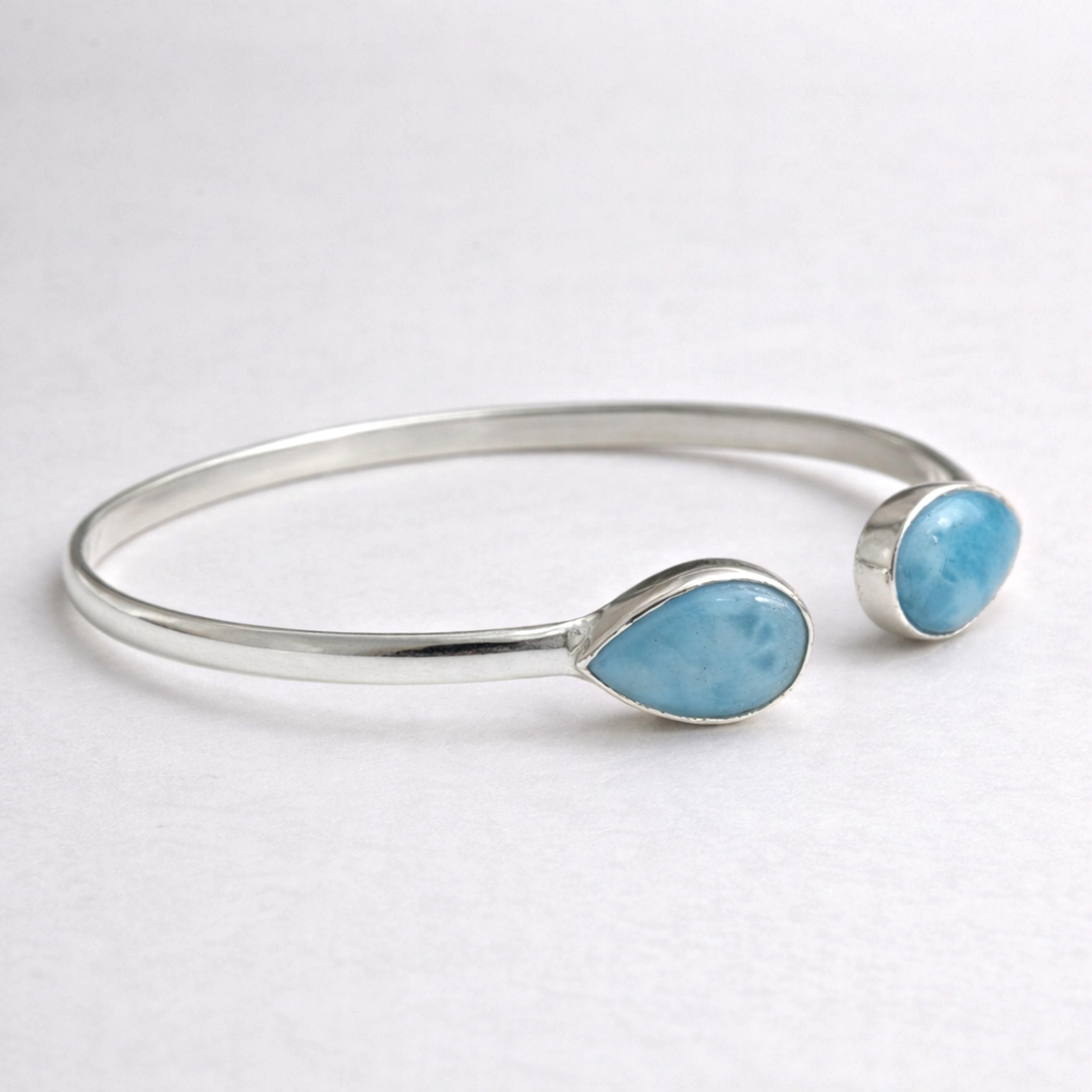 

Larimar Open Cuff Bracelet – 925 Sterling Silver Gemstone Bangle, Minimalist Adjustable Dual Stone Jewelry Adjustable